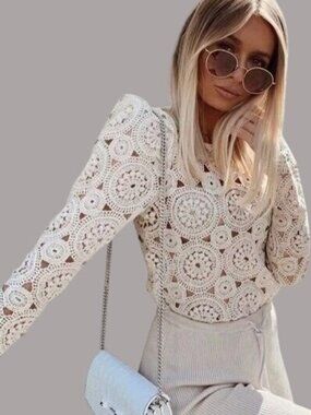 Zara Womens Cream Crochet boho Lace Long Sleeve Top S